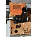 AN ERNST PLANK TOY MAGIC LANTERN IN ORIGINAL WOODEN BOX, together with five mechanical slides,