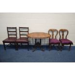 A LATE VICTORIAN WALNUT AND MARQUETRY INLAID OVAL LOO TABLE together with two pairs of dining chairs