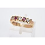 A 9CT GOLD RUBY AND CUBIC ZIRCONIA HALF ETERNITY RING, set with three circular cut cubic zirconia