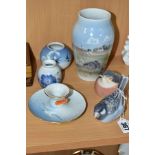 FIVE PIECES OF ROYAL COPENHAGEN PORCELAIN AND A SIMILAR CANDLE HOLDER, comprising 1081 Sparrow, 2266