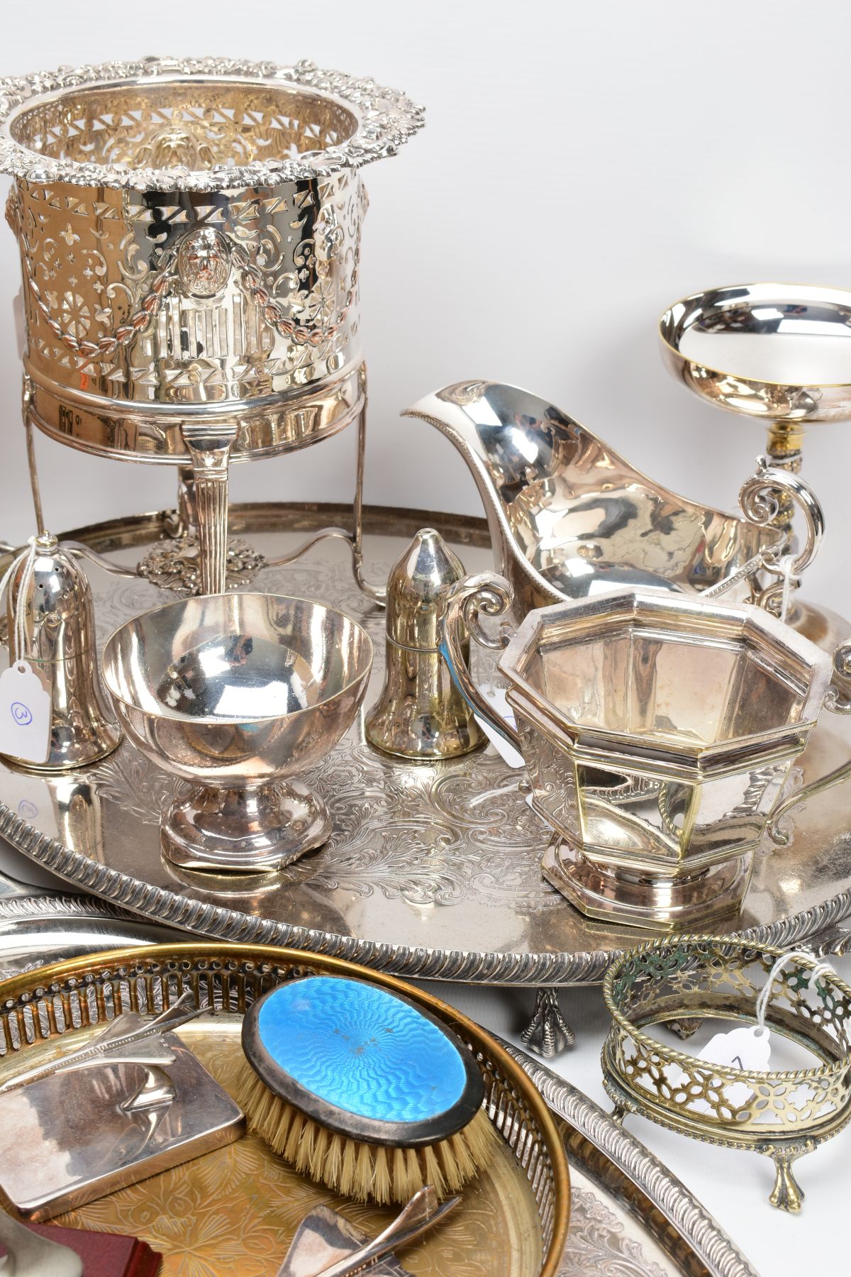 A BOX OF METALWARE, to include a large white metal oval tray, silver plated trays, a 'Mappin and - Image 5 of 11