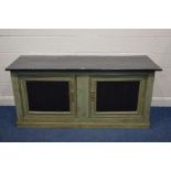 A VINTAGE PAINTED PINE SHOP COUNTER with double panelled door opposing side that open with a