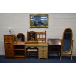 A QUANTITY OF BEDROOM FURNITURE to include a pine finish desk stool three drawer sideboard two