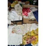 THREE BOXES OF TABLE LINEN, THROWS, etc, including embroidered items, broiderie anglaise apron,