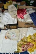 THREE BOXES OF TABLE LINEN, THROWS, etc, including embroidered items, broiderie anglaise apron,