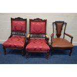 A PAIR OF EDWARDIAN MAHOGANY LADIES AND GENTS PARLOUR CHAIRS (loose upholstery to armrests) together