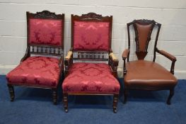 A PAIR OF EDWARDIAN MAHOGANY LADIES AND GENTS PARLOUR CHAIRS (loose upholstery to armrests) together