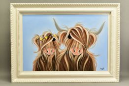 JENNIFER HOGWOOD (BRITISH 1980) 'WITH MOO II', stylised Highland Cattle, signed bottom right, oil on