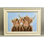 JENNIFER HOGWOOD (BRITISH 1980) 'WITH MOO II', stylised Highland Cattle, signed bottom right, oil on