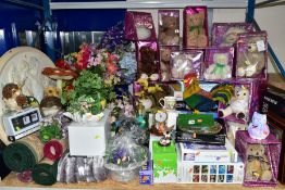 A QUANTITY OF CHARITY APPEAL SOFT TOYS, ARTIFICIAL FLOWERS, modern rugs, quartz clocks, table lamps,