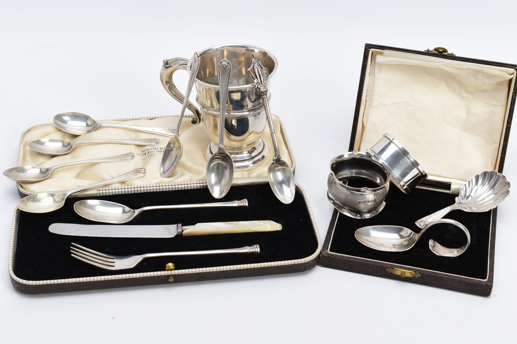 A SELECTION OF SILVER ITEMS, to include a silver cup with a scroll handle hallmarked Birmingham