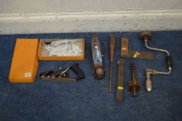 A COLLECTION OF WOODWORKING TOOLS including a Stanley No 4 plane a Stanley No 78 Plough plane a