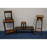 AN EARLY 20TH CENTURY OAK SQUARE TOPPED PLANT STAND together with a long low oak table two