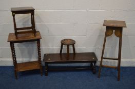 AN EARLY 20TH CENTURY OAK SQUARE TOPPED PLANT STAND together with a long low oak table two