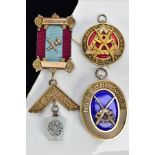 A MASONIC MEDAL AND TWO MASONIC PENDANTS, the gilt metal and silver gilt medal, fitted on a burgundy