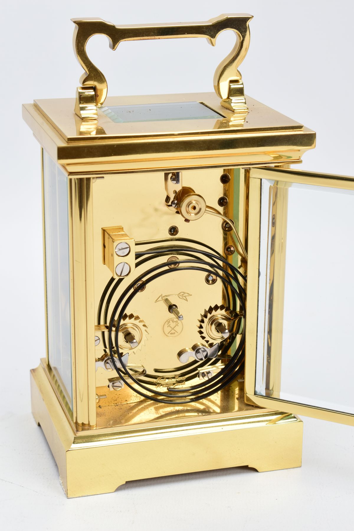 A WOODFORD ENGLISH BRASS STRIKING CARRIAGE CLOCK, white dial with Brequet style hands, Roman - Image 6 of 6