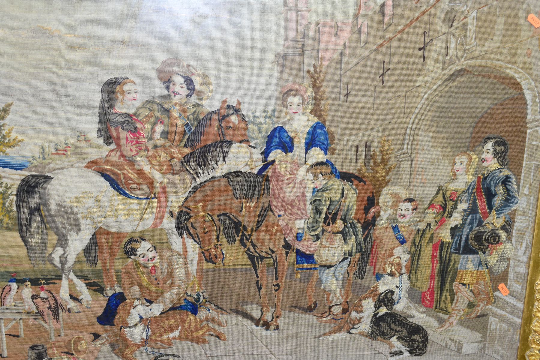 A VICTORIAN WOOLWORK TAPESTRY OF A 17TH CENTURY FALCONRY GROUP OUTSIDE CASTLE WALLS, with figures on - Image 2 of 8