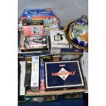 TWO BOXES OF BOARD GAMES, JIGSAWS, boxed child's microscope, boxed forty three piece tool set,
