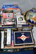 TWO BOXES OF BOARD GAMES, JIGSAWS, boxed child's microscope, boxed forty three piece tool set,