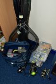 A QUANTITY OF FISHING EQUIPMENT, including three spinning reels (Aquatic strike 60, Alivio 2500RA,