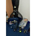 A QUANTITY OF FISHING EQUIPMENT, including three spinning reels (Aquatic strike 60, Alivio 2500RA,