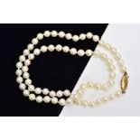 A GRADUATED CULTURED PEARL NECKLACE, fitted to a yellow metal oval fish hook clasp, stamped 375,