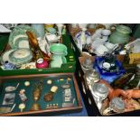 THREE BOXES OF CERAMICS, ETC AND A DISPLAY CASE OF REPLICA GOLFING ITEMS, the boxes to include