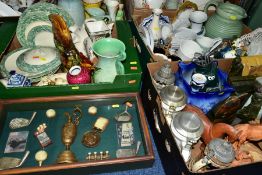 THREE BOXES OF CERAMICS, ETC AND A DISPLAY CASE OF REPLICA GOLFING ITEMS, the boxes to include