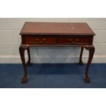 A REPRODUCTION MAHOGANY SIDE TABLE, carved edges with two drawers, acanthus carved knees, cabriole