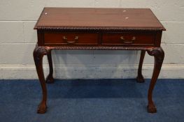 A REPRODUCTION MAHOGANY SIDE TABLE, carved edges with two drawers, acanthus carved knees, cabriole