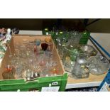 TWO BOXES AND LOOSE GLASS WARES to include a selection of Pall Mall drinking glasses, pressed