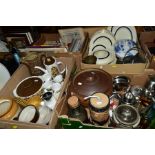 FOUR BOXES OF CERAMICS, METALWARE, BOOKS, NEWSPAPERS, etc, including Old Hall stainless steel, a