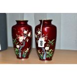 A PAIR OF JAPANESE GINBARI CLOISONNE VASES, floral decoration on red ground, height 18.5cm (one with