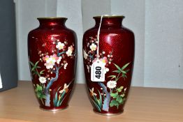 A PAIR OF JAPANESE GINBARI CLOISONNE VASES, floral decoration on red ground, height 18.5cm (one with