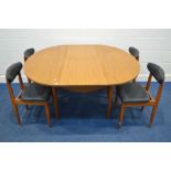 A SCHREIBER TEAK FINISH EXTENDING DINING TABLE on cylindrical legs open width 143cm x closed width