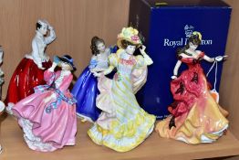 FIVE ROYAL DOULTON FIGURES, comprising 'Belle' Figure of Year 1996, HN 3703, 'Primrose' Flowers of