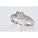 AN 18CT WHITE GOLD DIAMOND RING, designed with a central raised square panel set with nine