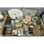 A BOX OF PETIT POINT DRESSING TABLE SETS AND OTHERS, costume jewellery, quartz wristwatches, a