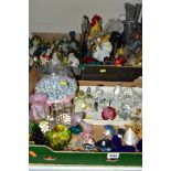 THREE BOXES OF ORNAMENTS TO INCLUDE, Swarovski animals - penguin, pig, snail, fox, pelican, duck,