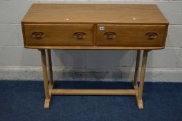 AN ERCOL WINSOR BLONDE ELM AND BEECH SIDE TABLE with two drawers on four shaped leg support united