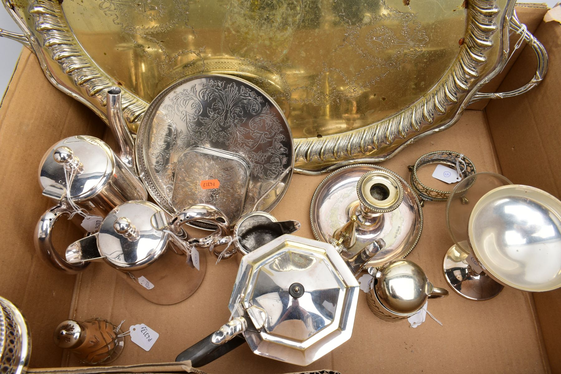 A BOX OF METALWARE, to include a large white metal oval tray, silver plated trays, a 'Mappin and - Image 6 of 11