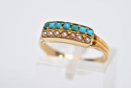 A YELLOW METAL TURQUOISE AND SEED PEARL RING, designed with a raised rectangular platform set with a