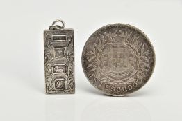 A SILVER INGOT PENDANT AND A COIN, the ingot decorated with a foliate design hallmarked Birmingham