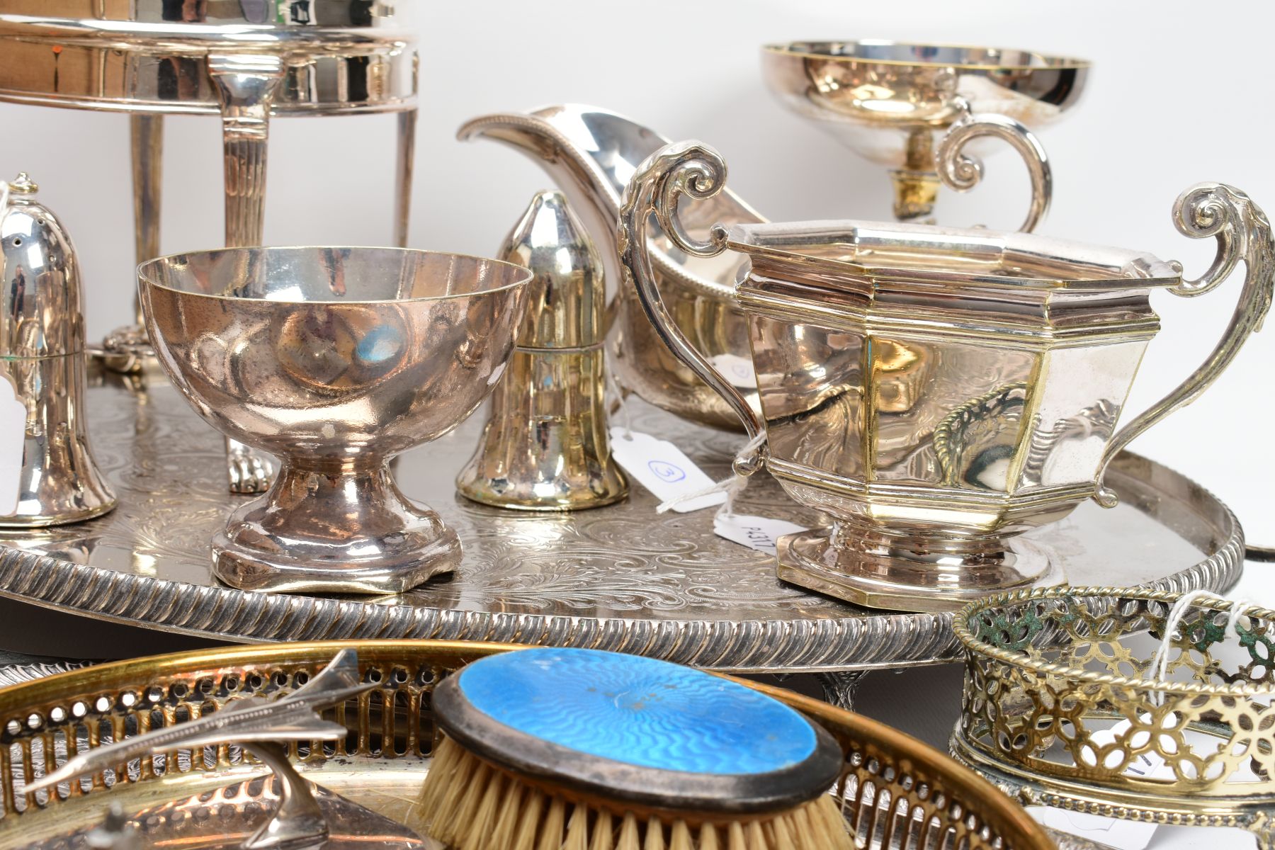 A BOX OF METALWARE, to include a large white metal oval tray, silver plated trays, a 'Mappin and - Image 9 of 11