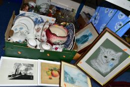 THREE BOXES OF CERAMICS, GLASSWARE AND LOOSE PICTURES, including Wedgwood Palatia part tea set,