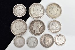 A SMALL QUANTITY OF VICTORIAN COINS, to include ten coins such as four one shilling coins dated