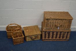 THREE VARIOUS WICKER PICNIC BASKETS and two wicker bottle crates (5)