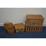 THREE VARIOUS WICKER PICNIC BASKETS and two wicker bottle crates (5)