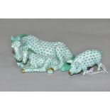 A HEREND FIGURE GROUP OF A HORSE AND FOAL LYING DOWN, green decoration, length 14cm, together with a