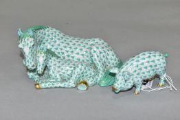 A HEREND FIGURE GROUP OF A HORSE AND FOAL LYING DOWN, green decoration, length 14cm, together with a